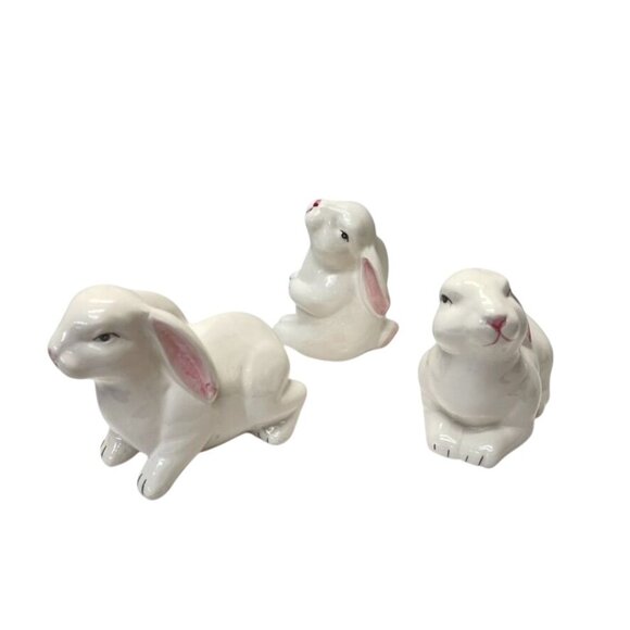 Set of 3 Ceramic Bunny Figurines Hand Painted Glazed White Rabbits Easter Decor - Picture 4 of 6
